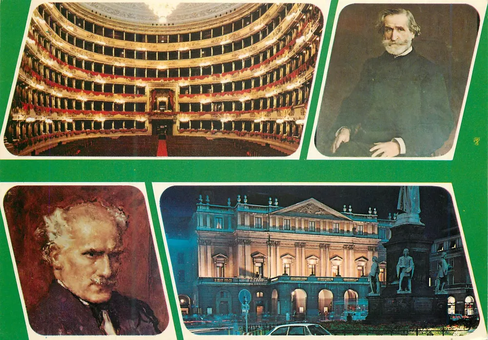 Teatro alla Scala — Intérieur, Giuseppe Verdi, Arturo Toscanini, Façade nocturne — Ed. Luigi Scrocchi, Milano - Recto