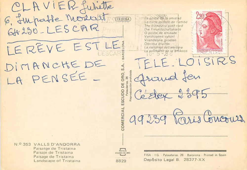 Landschaft von Tristaina — Valls d'Andorra — Verlag Comercial Escudo de Oro, n° 353 - Rückseite