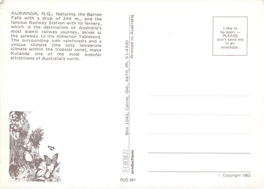 Kuranda, N.Q. — Stoney Creek Falls, Robb's Monument, Kuranda Railway Station, Barron Falls — Peer Productions, PCO 281 - Rückseite