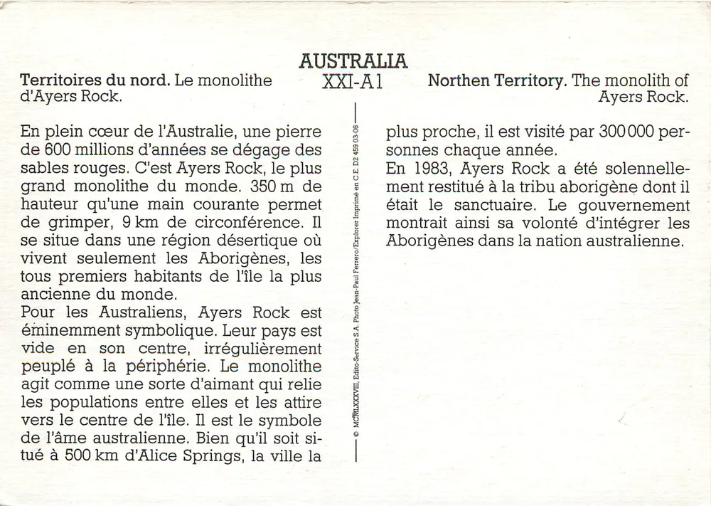 Ayers Rock — monolithe du Nord — Editions Jean Paul Ferreto S.A. n° XXI-A1 - Verso