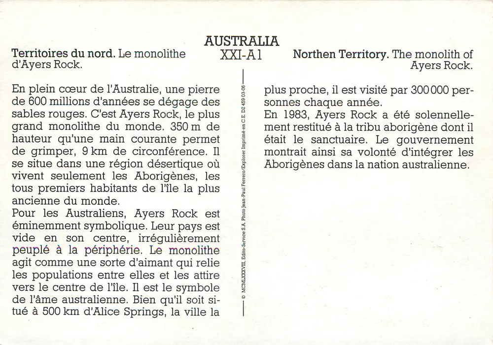 Uluru — Ayers Rock — Verlag Jean-Paul Ferrero, Nr. XXI-A1 - Rückseite