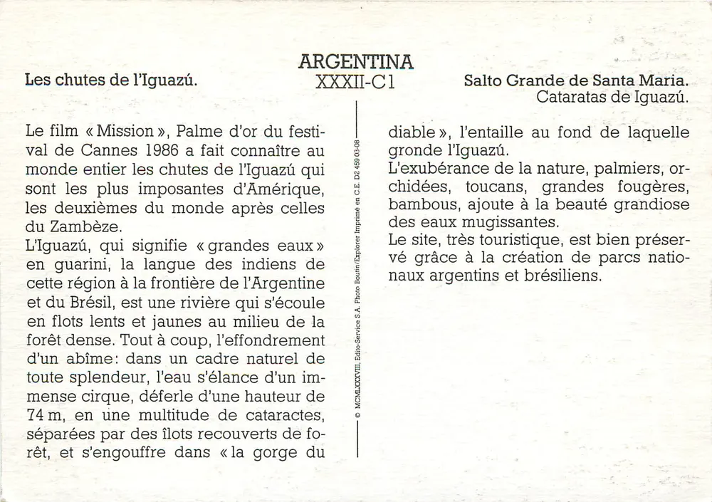 Iguazú Falls — Argentina and Brazil — Édito-Service S.A. XXXII-C1 - Back