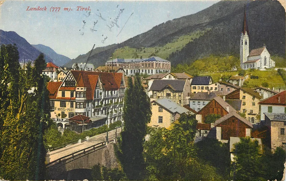 Landeck (777 m). Tyrol. — Panoramiczny widok z Hotelem-Post i kościołem — Purger & Co., München, Numer karty photochromicznej 11654 - Awers