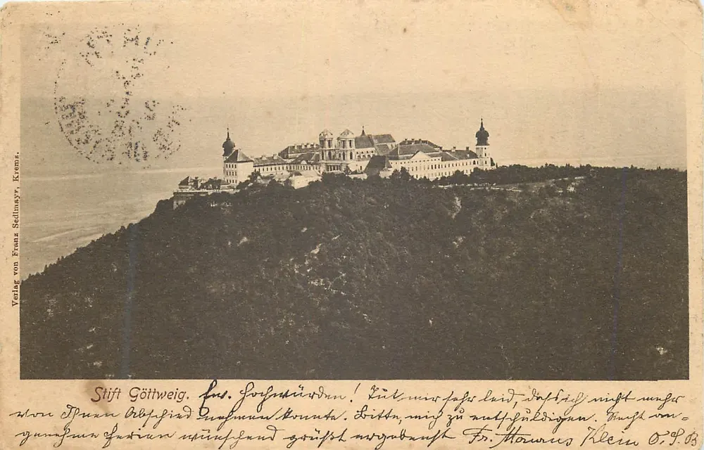Stift Göttweig — vista do mosteiro em uma colina — Verlag von Franz Sedlmayer, Krems - Frente