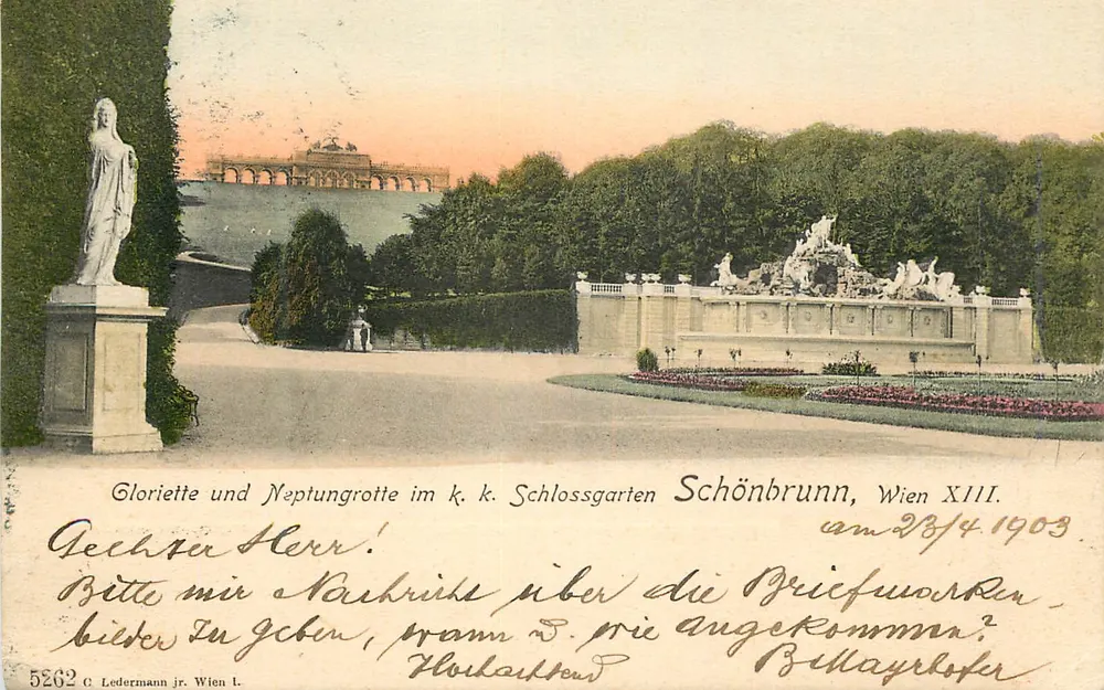 Gloriette und Neptunbrunnen im k. k. Schlossgarten Schönbrunn, Wien XIII — C. Ledermann jr. Wien I, Nr. 5262 - Vorderseite