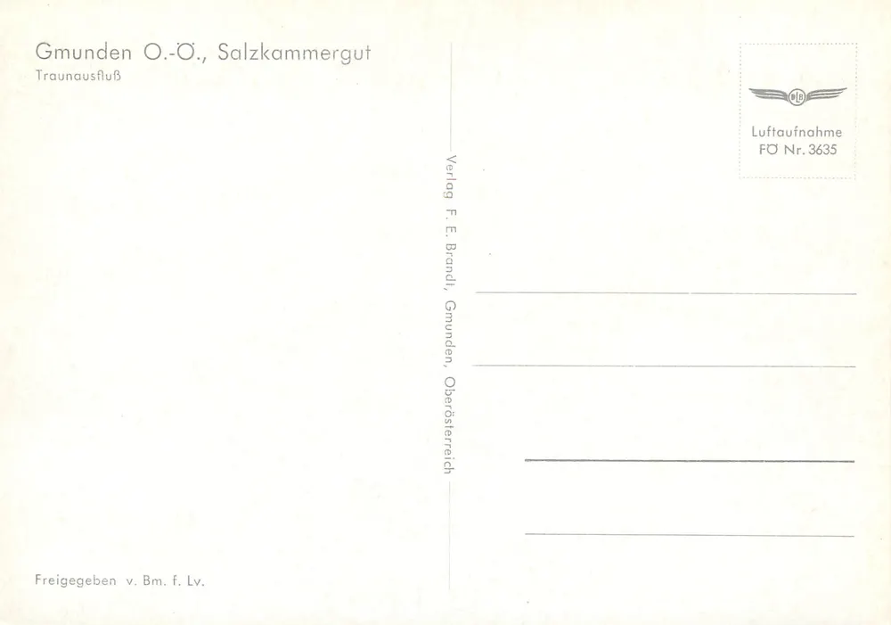 Gmunden O.-O., Salzkammergut — vista aérea do Traunau — editor F. E. Brandl, n° FO 3635 - Verso