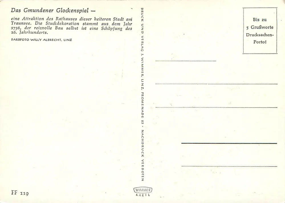 Gmunden — O carilhão da prefeitura — editor Wimmer, n° FF 119 - Verso