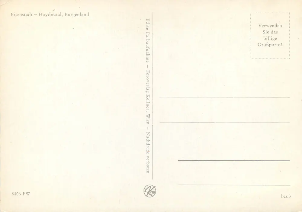 Eisenstadt – Haydnsaal, Burgenland — Editor Kellner, Viena, n° 8406 FW - Verso