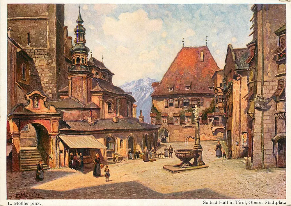 Solbad Hall na Tirol, Oberer Stadtplatz — pintura de Ludwig Mößler — editor Lico-Karte, n° H 2 - Frente