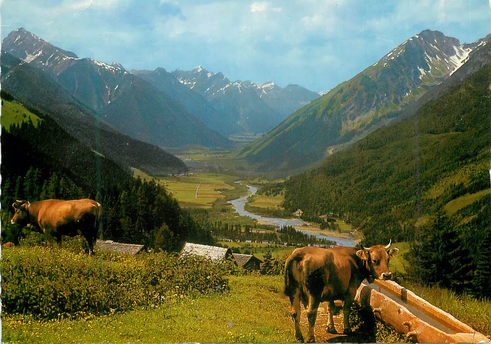 Vale alpino — vistas de montanhas nevadas e vale com rio — editor não visível - Frente