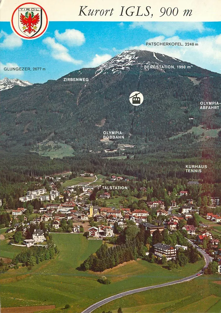 Kurort IGLS, 900 m — Tirol, vista aérea com indicação dos picos e do teleférico — editor não visível - Frente