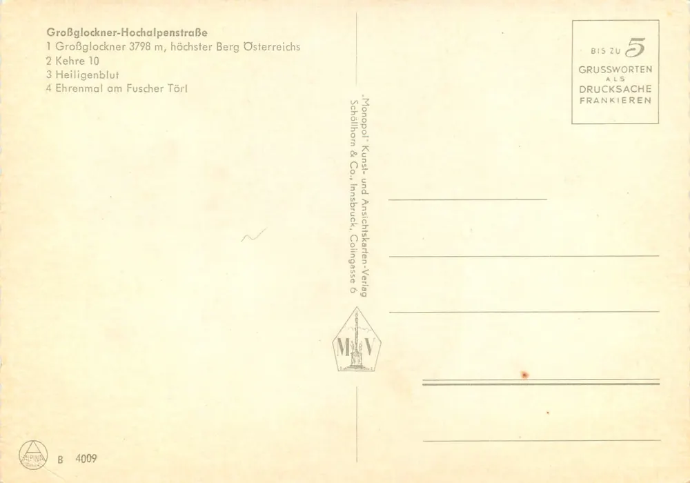 Grössglockner-Hochalpenstraße — 4 Ansichten — Monopol Kunst- und Ansichtskarten-Verlag - Rückseite