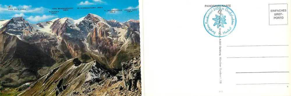 अल्प्स का पैनोरमा - बर्फीली पहाड़ियाँ और घुमावदार सड़कें - प्रकाशक गोल्डबाचर, संख्या 198 - पीछे