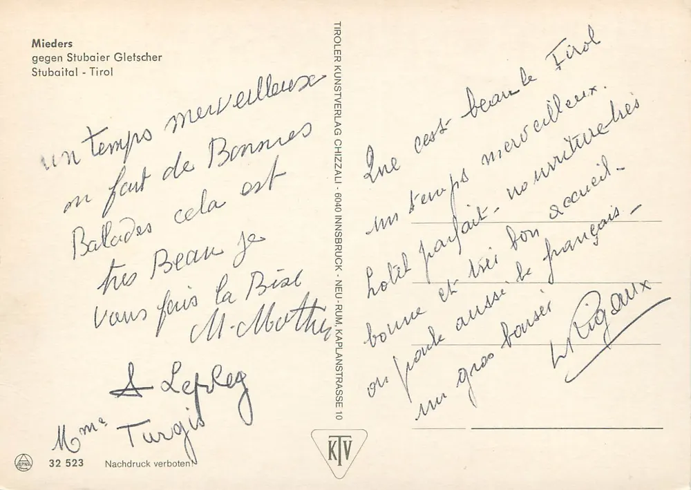 Dorf Mieders — Alpinen Berge — Tiroler Kunstverlag - Rückseite