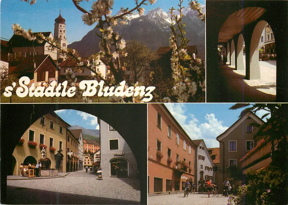 Bludenz — Panoramablick mit schneebedeckten Bergen und lokaler Architektur — Verlag PEAFF, Seriennummer 1703 - Vorderseite