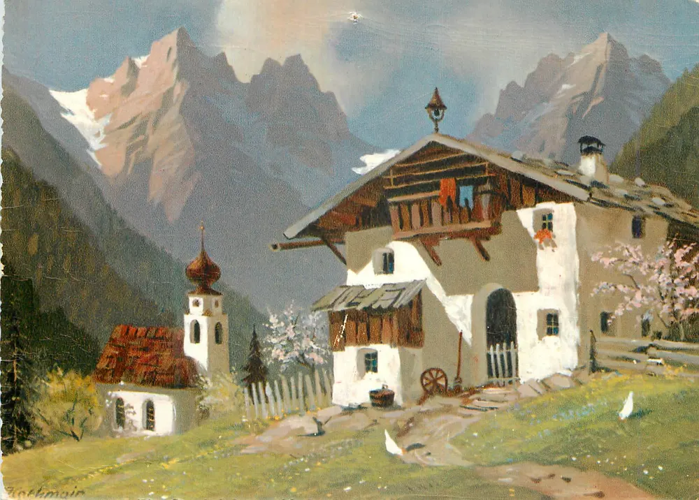 Paisagem alpina com casa e capela — pintura de Rockmain - Frente