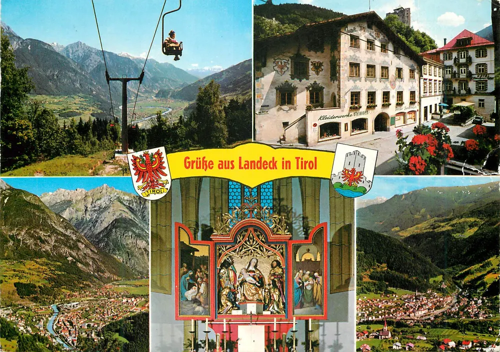 Landeck no Tirol — vista da estação de teleférico, do Kleiderwerk Steiner, da catedral e do paisagem — editor R. Mathis, n° 53/a - Frente
