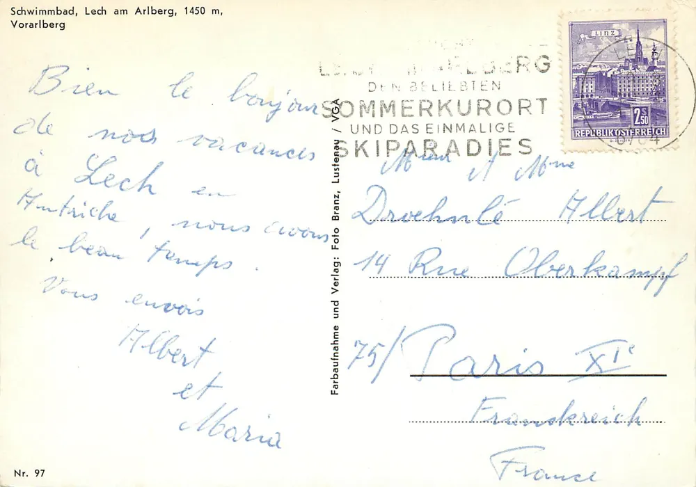Schwimmbad, Lech am Arlberg, 1450 m, Vorarlberg — SOMMERKURORT UND DAS EINMALIGE SKIPARADIES — Verlag: Farbaufnahme und Verlag: Foto Branz, Nr. 97 - Rückseite