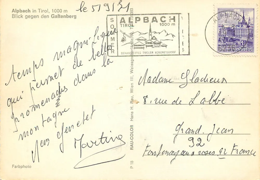 Alpbach in Tirol, 1000 m — Blick zum Galtenberg — Hans H. Rau, P18 - Rückseite