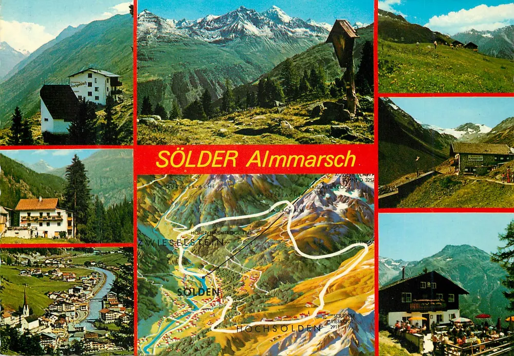 Sölden Almmarsch — vista panorâmica e mapa topográfico — Aufnahme und Verlag Ch. Fiegl, Tirol - Frente