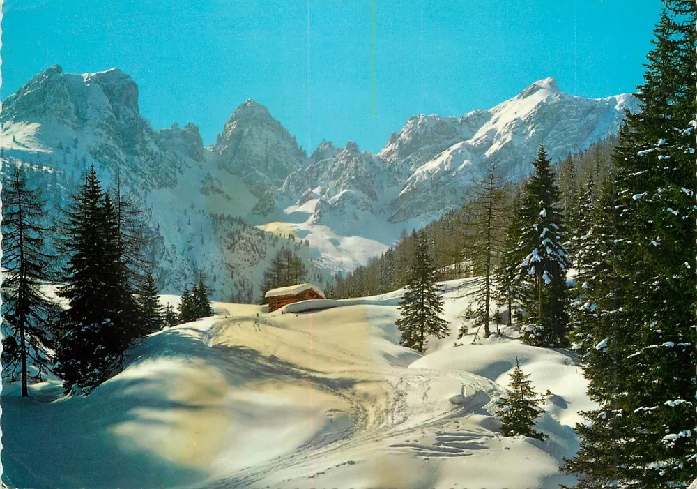 Axamer Lizum, 1600 m — vista de montanha nevada com cabana — TIROLER KUNSTVERLAG CHIZZALU - Frente