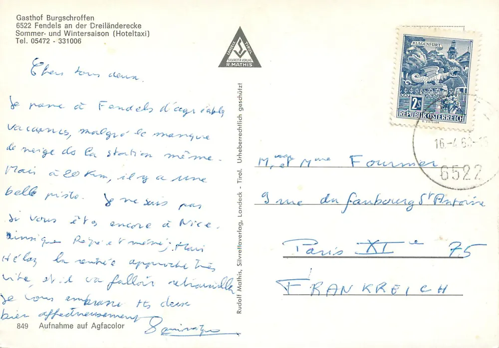 Gasthof Burgschroffen - Fendels — Panoramablick mit schneebedeckten Bergen — Verlag Rudolf Mathis, Nr. 849 - Rückseite