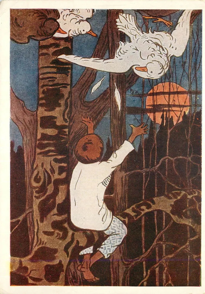 Criança escalando uma árvore — gansos brancos em voo — ilustração para a fábula russa «Syanko-Filipko» — Editora Izogiz, n° 6277 - Frente
