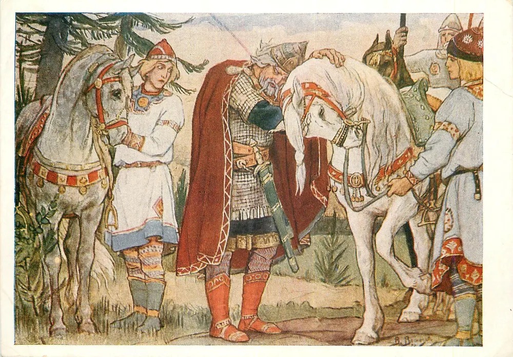 Cena da canção de Oleg — ilustração de B. M. Vassiliev — editada pelo Poligrafkombinat de Moscou - Frente
