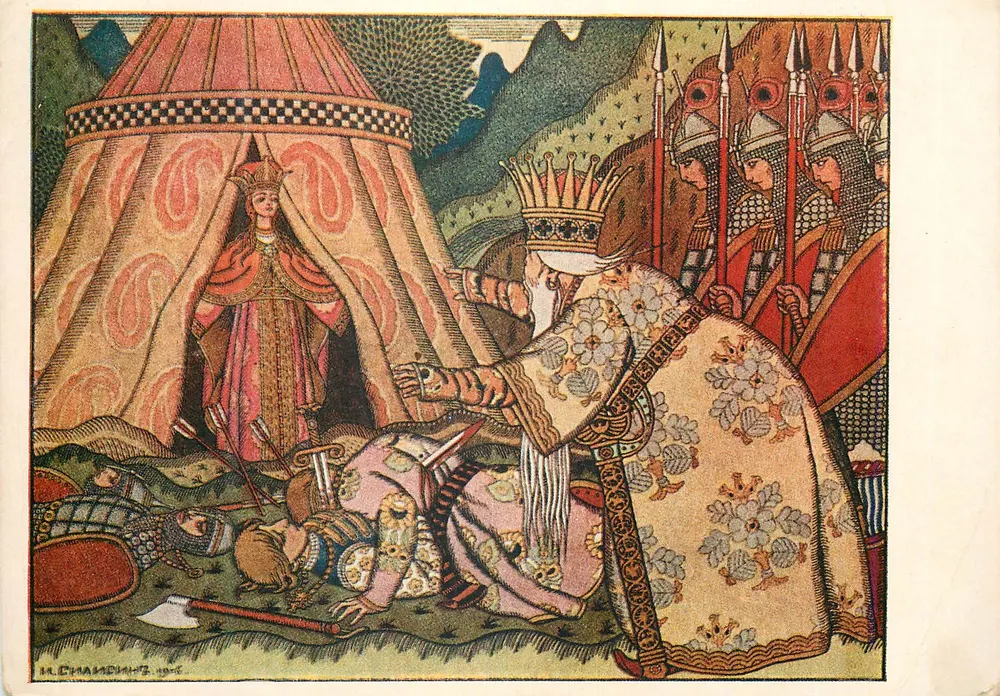 Cena da fábula do Pétuhin de ouro — ilustração de N. Ya. Bilibin — editor Izogiz, Moscou - Frente