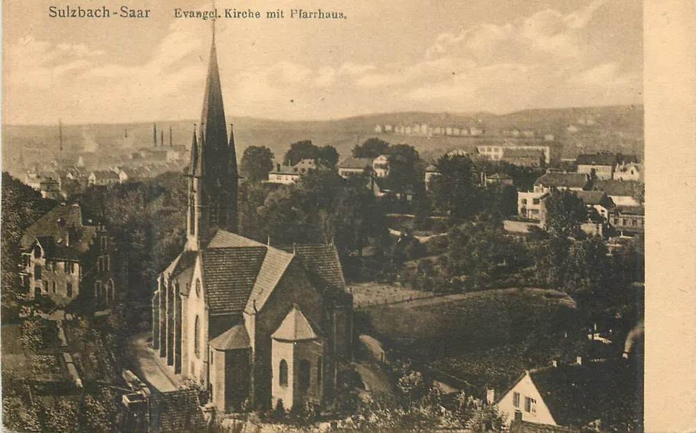 Sulzbach-Saar — Iglesia evangélica con presbiterio — Verlag Buchhandlung Carl Wildt, Sulzbach-Saar - Anverso