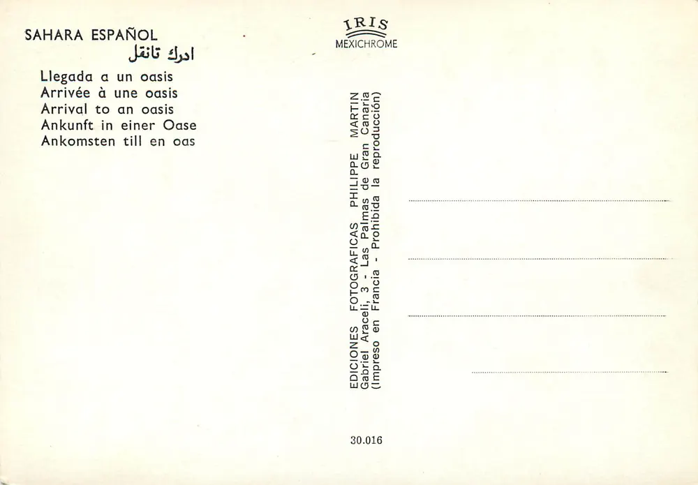 Przyjazd do oazy — Sahara hiszpański — Wydawnictwo Iris Mexichrome, nr 30.016 - Rewers