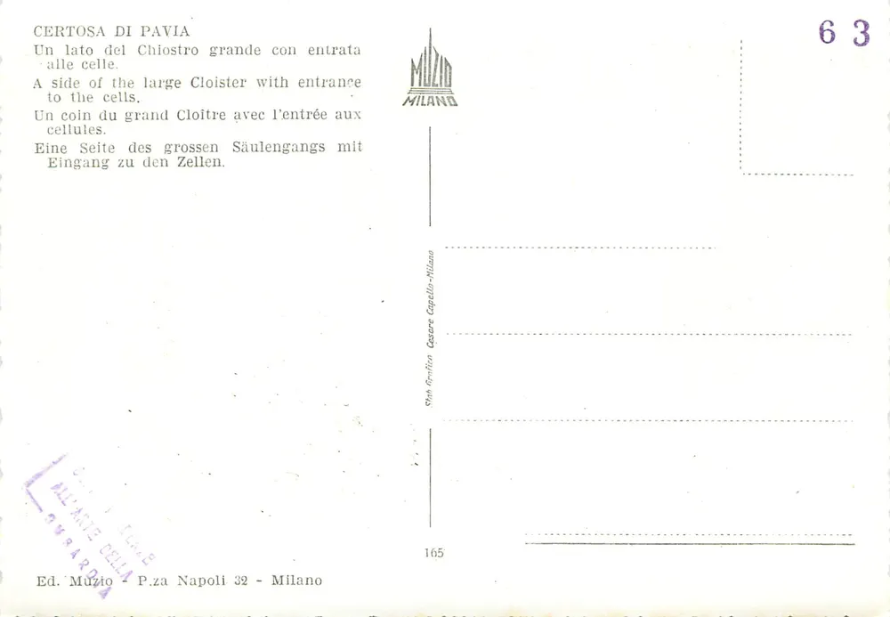 Certosa di Pavia — Klausen — Verlag Muzio, Nr. 165 - Rückseite