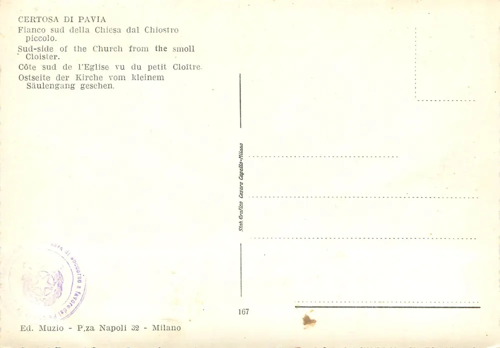 Certosa di Pavia — Ansicht der Kirche vom kleinen Cloister aus im Süden — Stink Grafica Cesare Capella-Villano, Nr. 167 - Rückseite