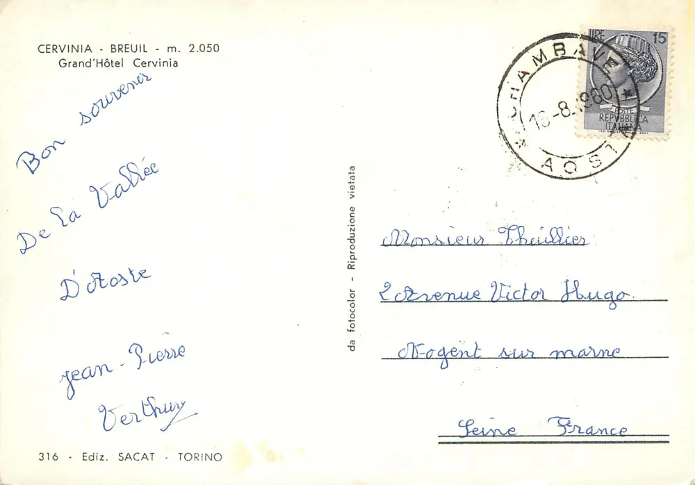 Cervinia - Breuil - m. 2.050 — Grand'Hôtel Cervinia — Éd. SACAT n°316 - Rückseite