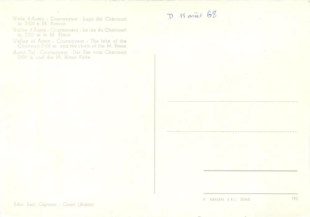 See Chécrouit und Mont Blanc — Tal der Aosta — Courmayeur — Verlag P. Marzari S.R.L. Schio, Nr. 190 - Rückseite