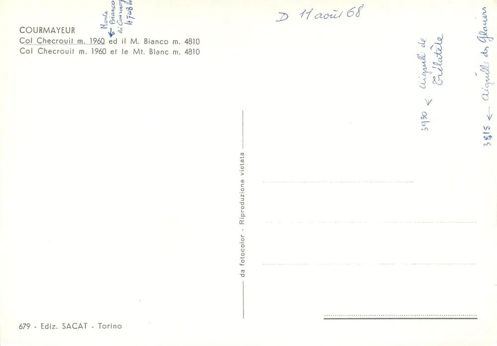 Courmayeur — Col Checrouit m. 1960 und Mt. Blanc m. 4810 — SACAT, n° 679 - Rückseite
