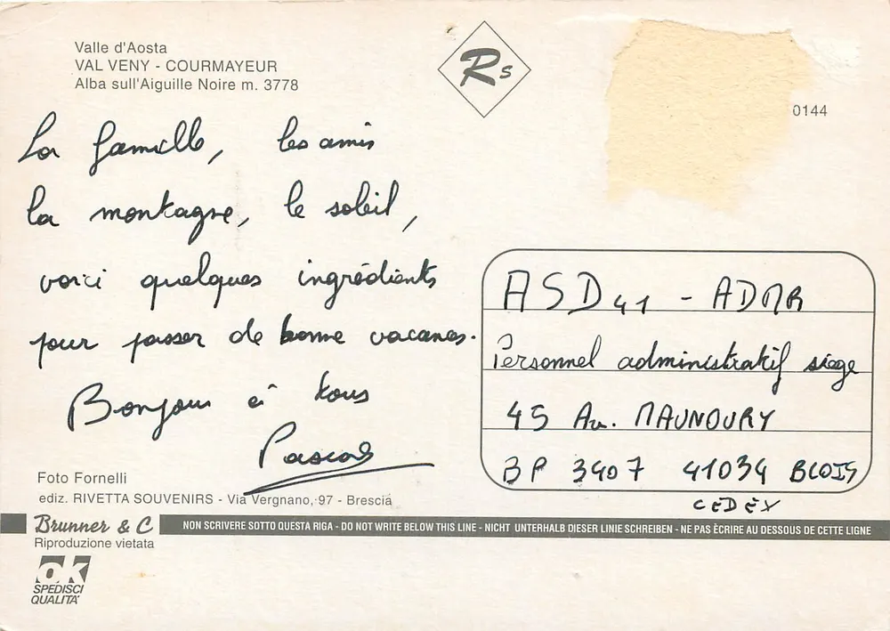 Valle d'Aosta — Schwarze Nadel — Verlag Rivetta Souvenirs, Nr. 0144 - Rückseite
