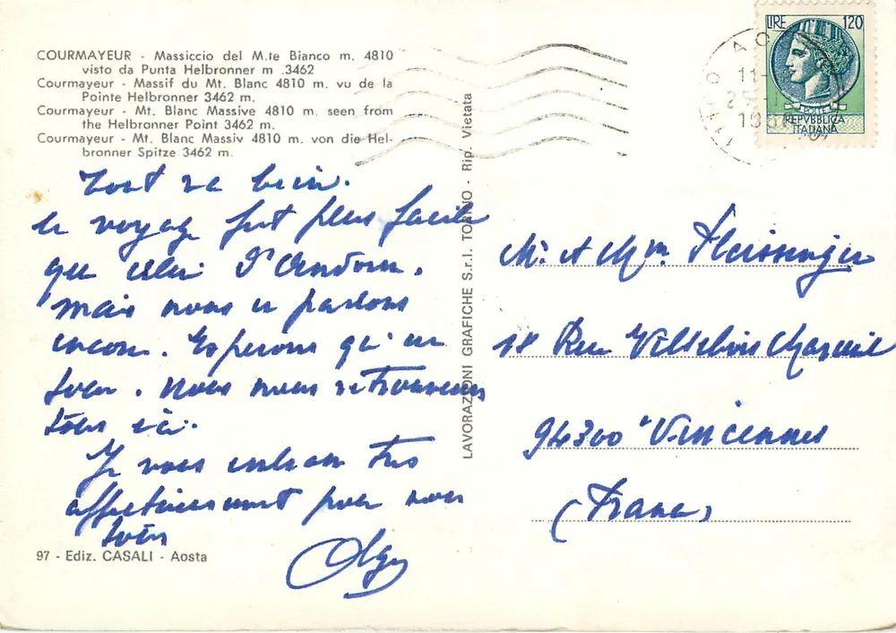 Courmayeur — Ansicht des Mont-Blanc-Massivs von der Pointe Helbronner — Verlag Casali, n°97 - Rückseite