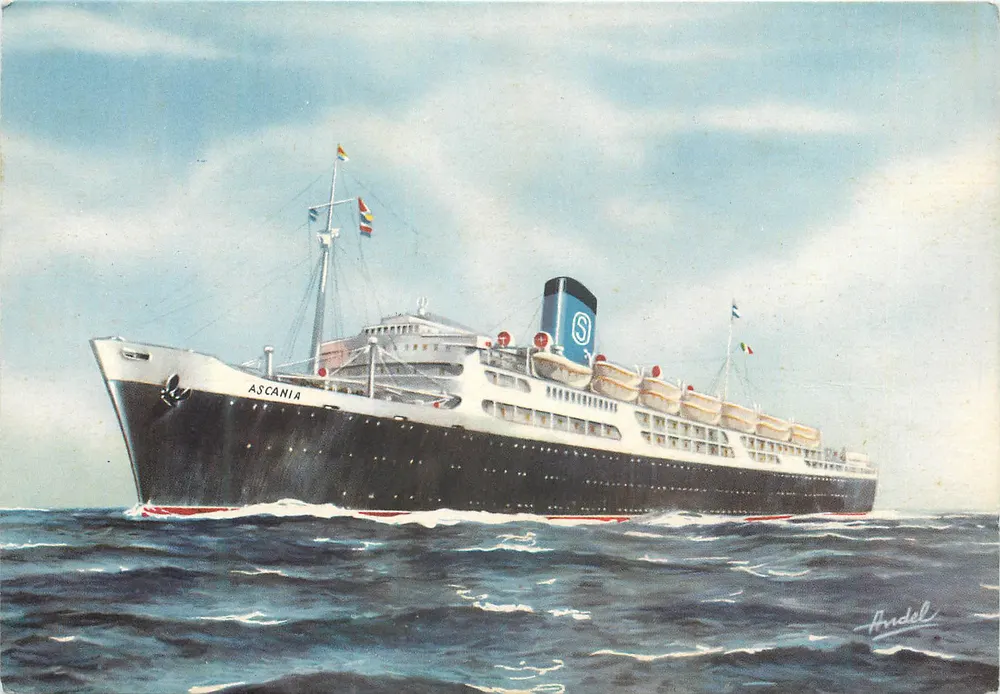 O navio a vapor ASCANIA — Grimaldi - Siosa Lines — ilustração de Andel - Frente