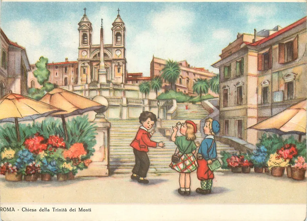 Roma - Kirche der Dreifaltigkeit der Berge — Illustration dreier Kinder vor den Treppen — Verlag nicht sichtbar - Vorderseite