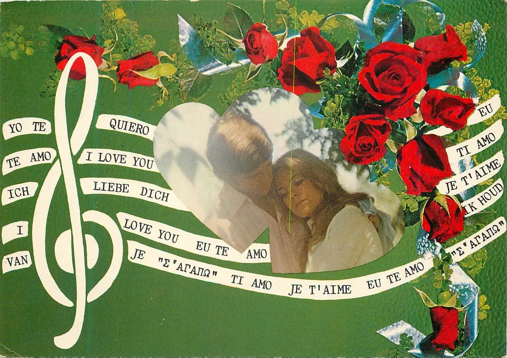 Amor multilingue — rosas vermelhas e casal em coração — editor Dep. - Impr. 37910/5 - Frente