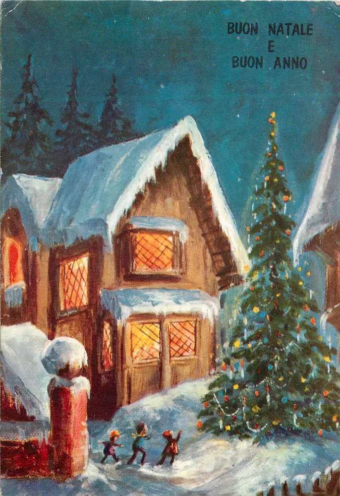 Cena de Natal — casa nevada com árvore decorada — impresso na Itália - Frente