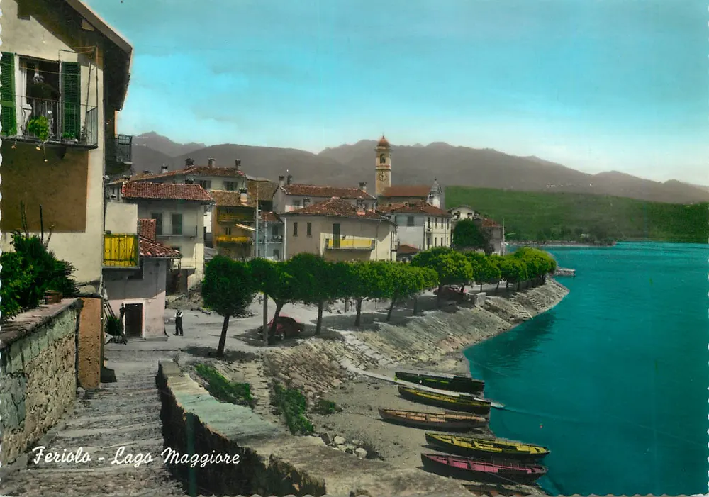 Feriolo - Lago Maggiore — vista do lago com barcos e igreja — Ed. Savoini, n° 7213 - Frente