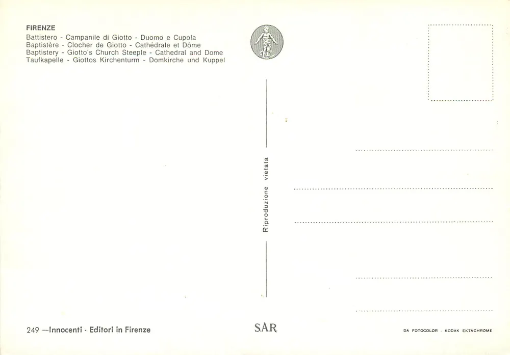 Florence - Cathédrale, Dôme et Campanile de Giotto — Innocenti - Éditeur en Florence, n°249 - Verso