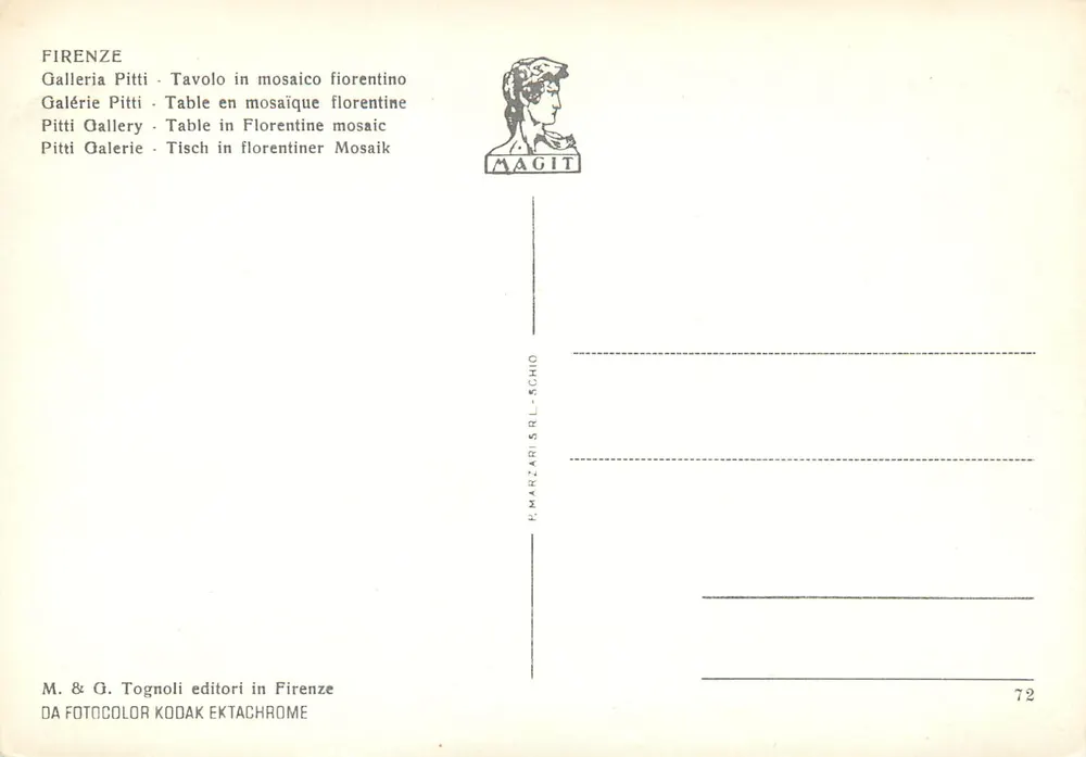 Marmortisch in Florentiner Mosaik — Galerie Pitti — Verlag F. Marzari Srl-Schio, Nr. 72 - Rückseite