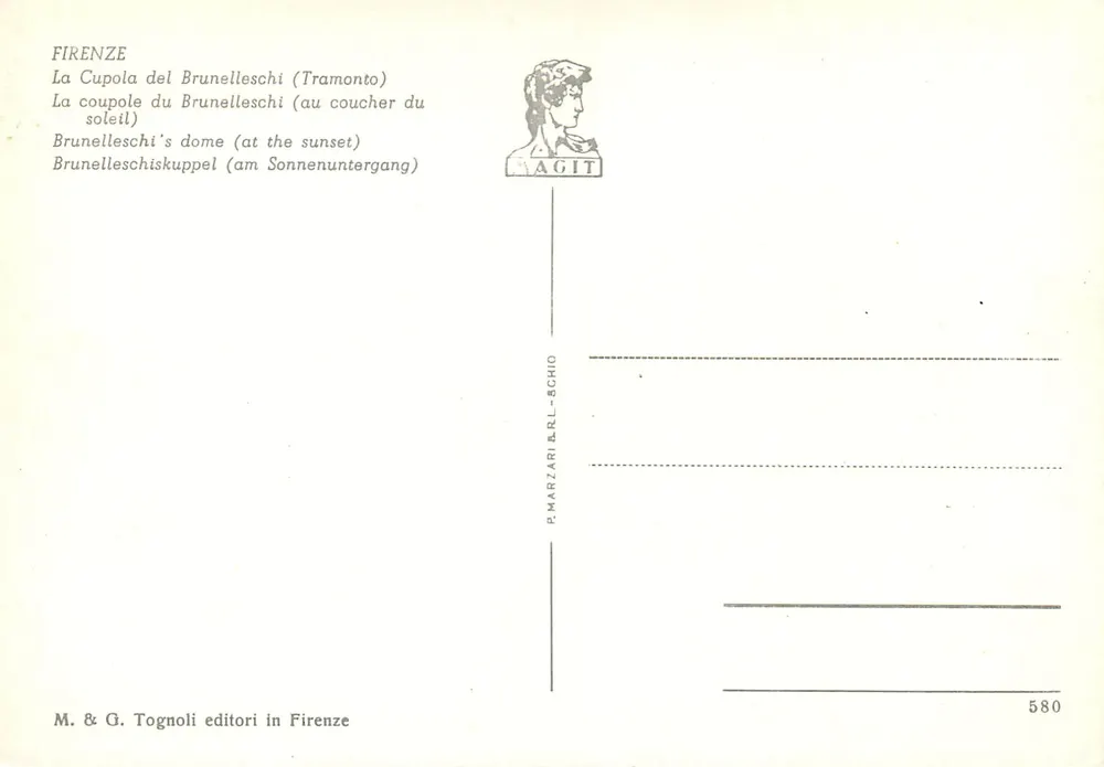 Florenz — Domes der Brunelleschi bei Sonnenuntergang — M. & G. Tognoli, Nr. 580 - Rückseite