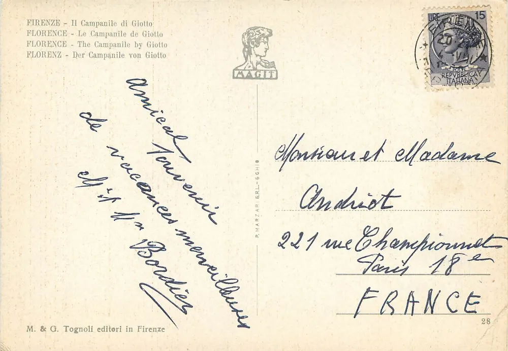 Florença - O Campanile de Giotto — M. & G. Tognoli, Florença - Verso