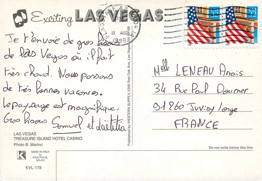 Las Vegas — Fontäne des Mirage und Hotel Treasure Island — Verlag Kina Italia, Nr. KVL-178 - Rückseite