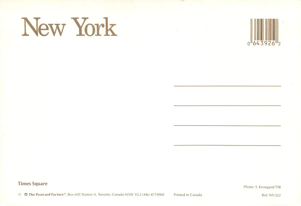 Times Square — New York — The Postcard Factory - Verso
