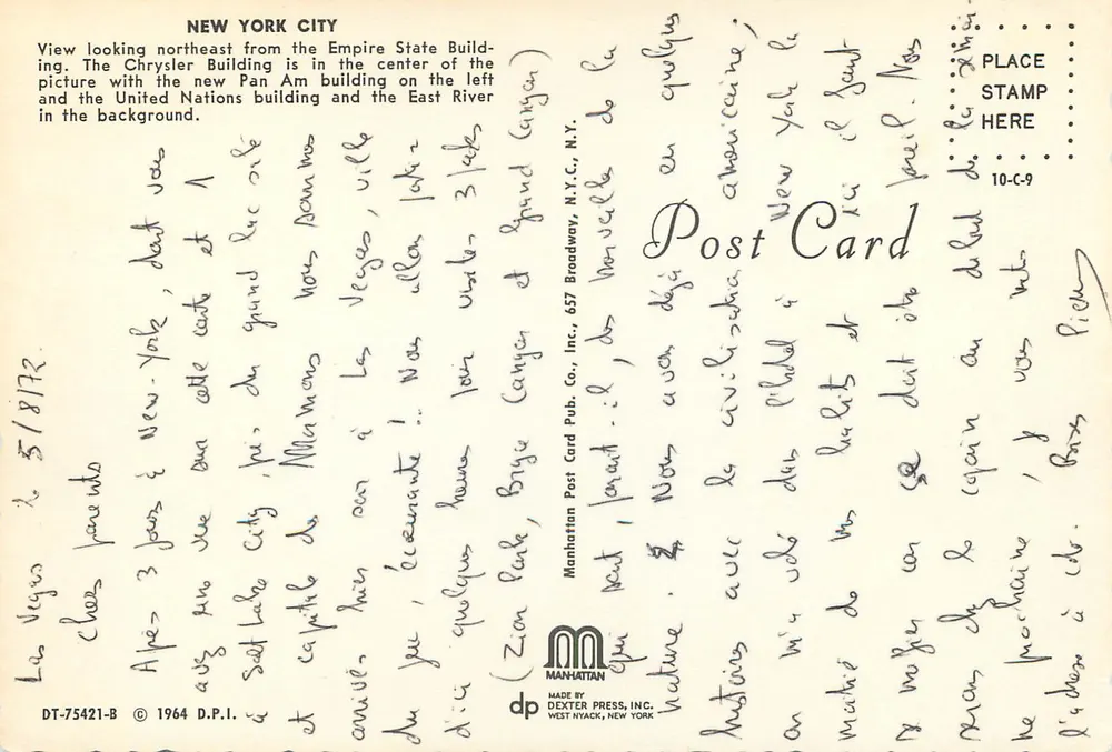 New York City — Ansicht des Chrysler Buildings vom Empire State Building — Manhattan Post Card Pub. Co., Inc. - Rückseite